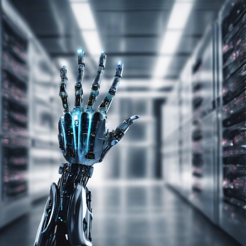 Futuristic robotic hand managing holographic workflows in a high-tech server room.